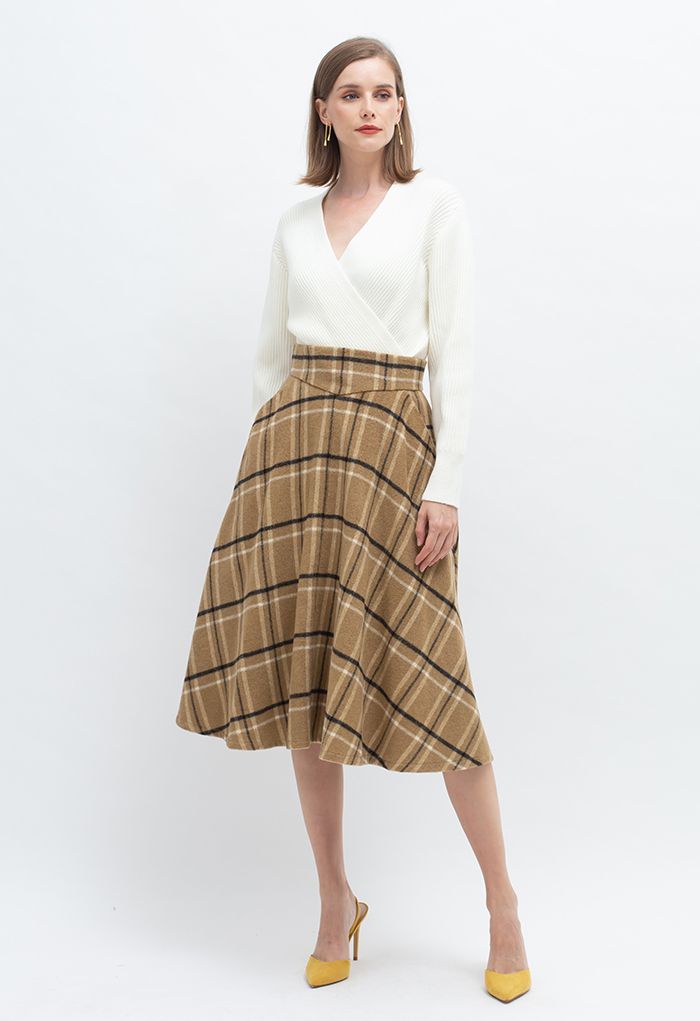Multicolor Check Print Wool-Blend A-Line Skirt in Caramel