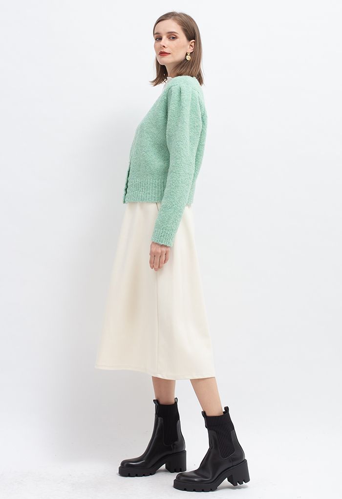 Fake Pocket Wool-Blend A-Line Skirt in Cream