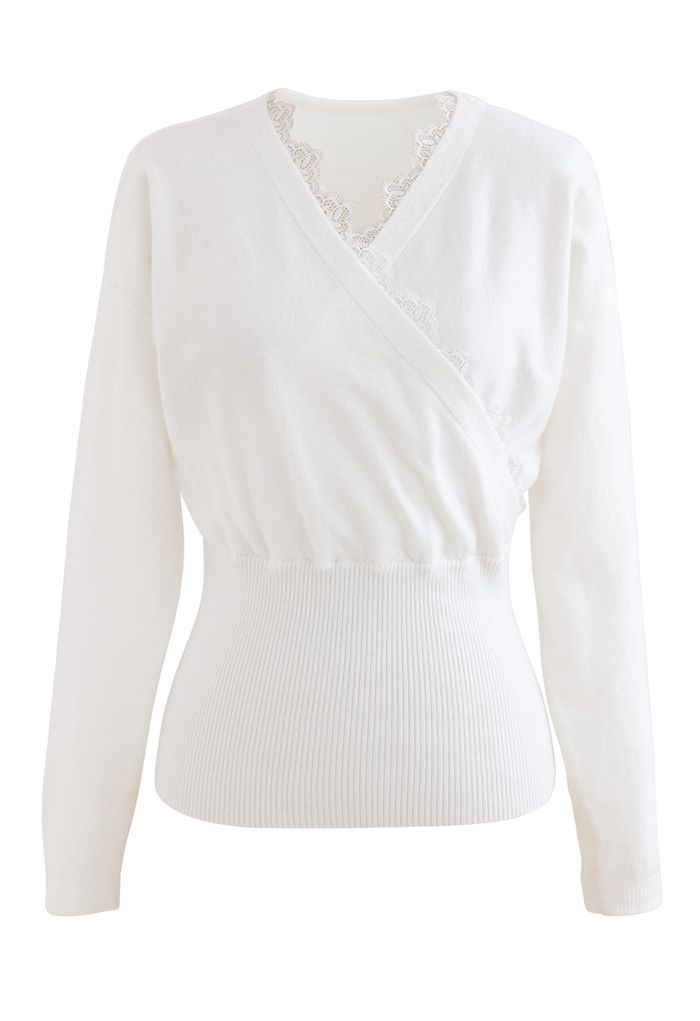 Lacy Edge Wrap Knit Top in White