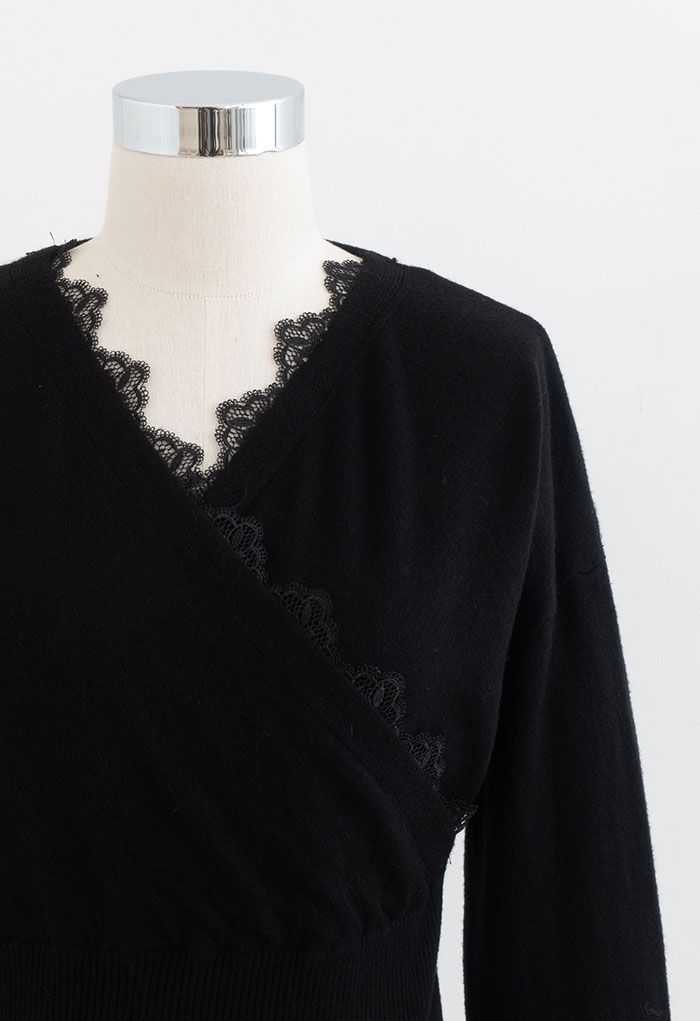 Lacy Edge Wrap Knit Top in Black