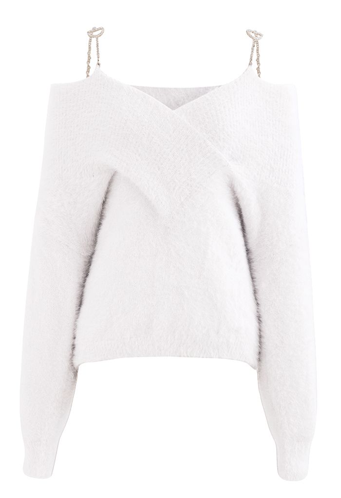 Crystal Strap Off-Shoulder Fuzzy Knit Sweater in White