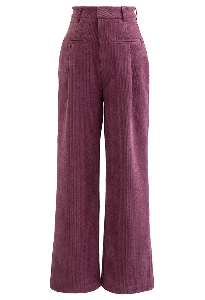 Straight-Leg Textured Corduroy Pants in Berry