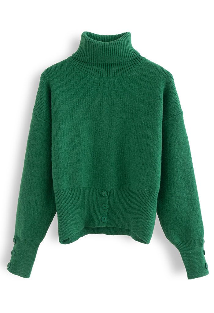 Turtleneck Button Trim Sweater in Green