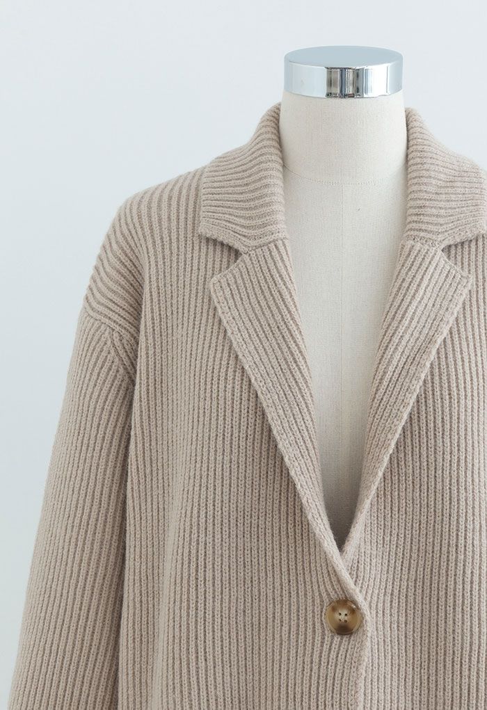 Classic Lapel Ribbed Knit Longline Cardigan in Camel