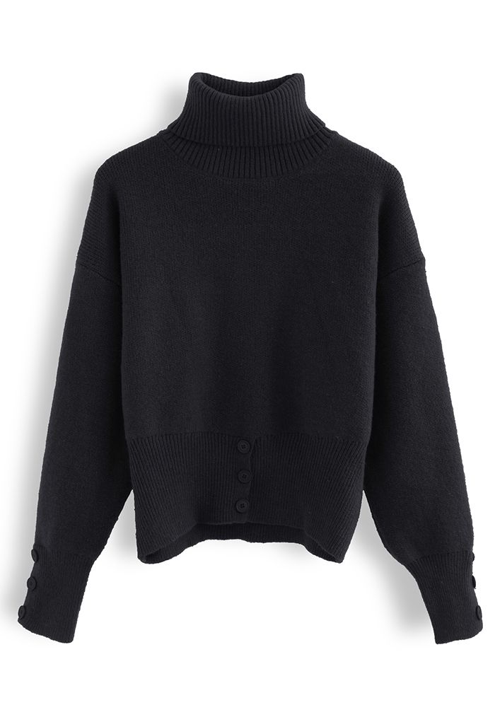 Turtleneck Button Trim Sweater in Black