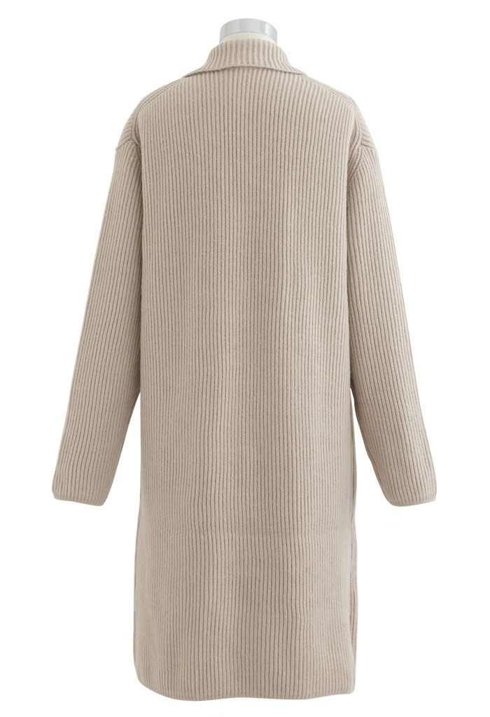 Classic Lapel Ribbed Knit Longline Cardigan in Camel