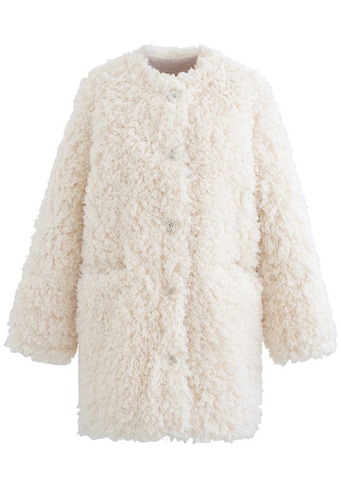 Collarless Shaggy Faux Fur Suede Coat in Ivory