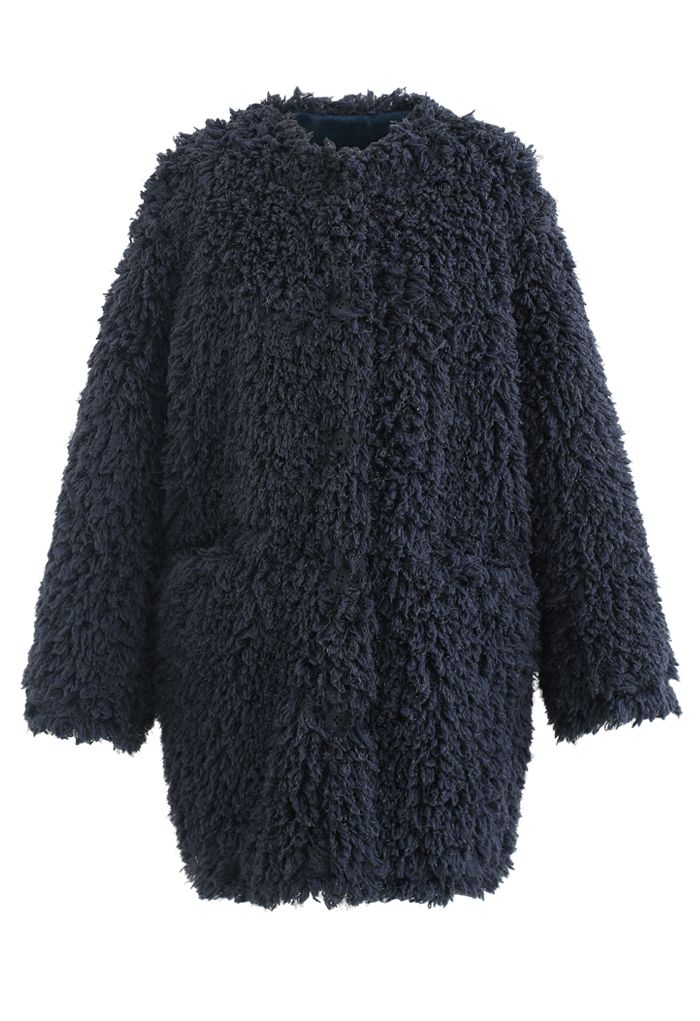 Collarless Shaggy Faux Fur Suede Coat in Smoky Blue - Retro, Indie and ...