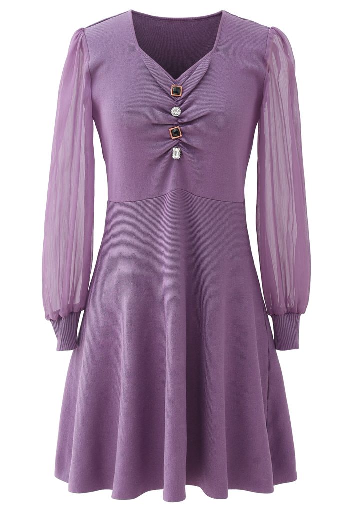 Sheer Sleeves Button Trim Ruched Knit Dress in Lilac