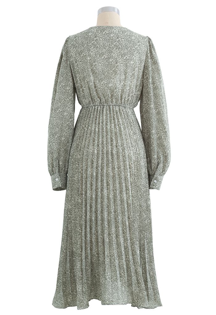 Graceful Floret Wrap Pleated Dress in Olive