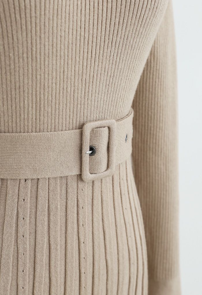 Pleated Hem Belted Knit Dress in Light Tan - Retro, Indie and Unique ...