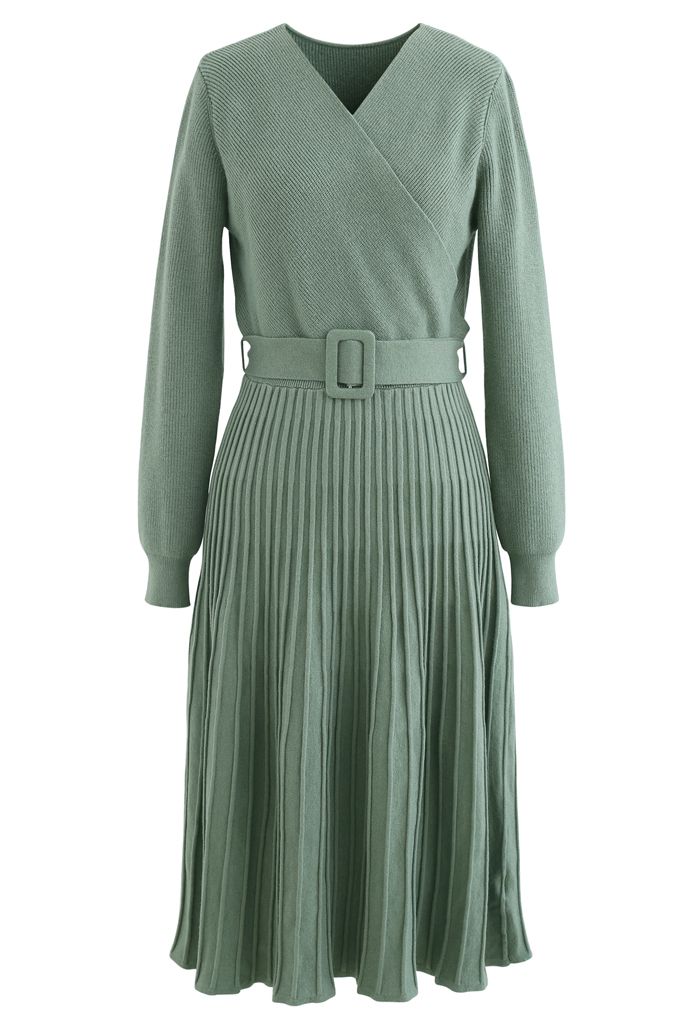 Belted Wrap Rib Knit Midi Dress in Green - Retro, Indie and Unique Fashion