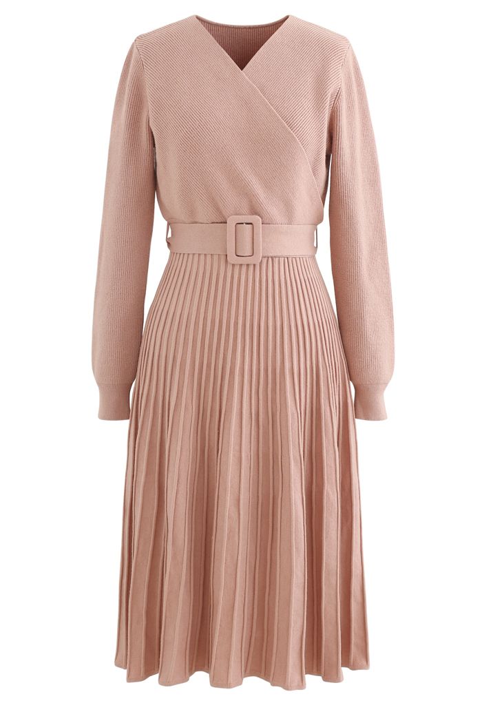 Belted Wrap Rib Knit Midi Dress in Coral - Retro, Indie and Unique Fashion