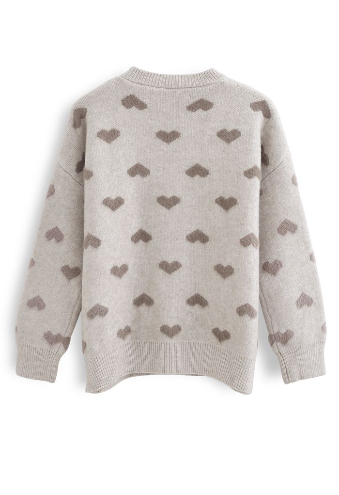 Contrast Color Fuzzy Hearts Knit Sweater in Taupe - Retro, Indie and ...