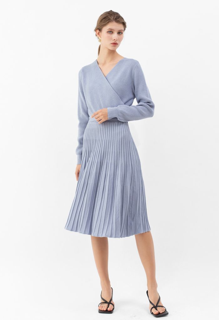 Belted Wrap Rib Knit Midi Dress in Dusty Blue - Retro, Indie and Unique ...