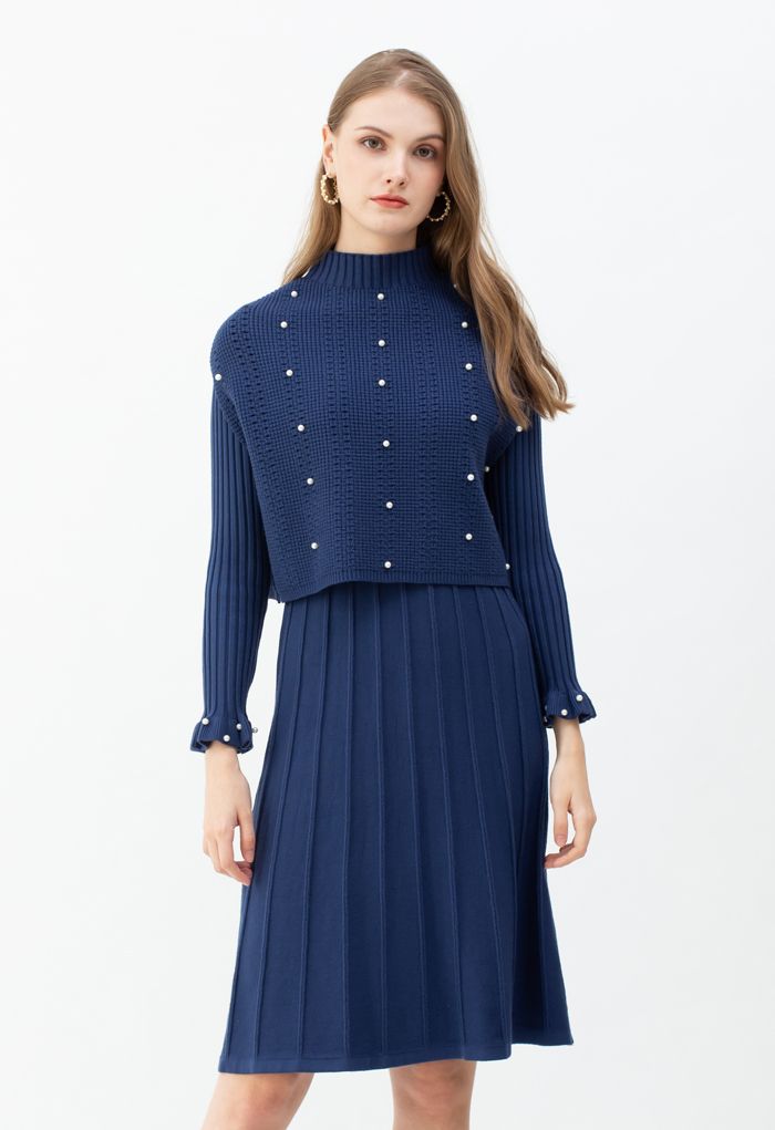 Pearl Trim Pleated Knit Twinset Dress in Indigo - Retro, Indie and ...