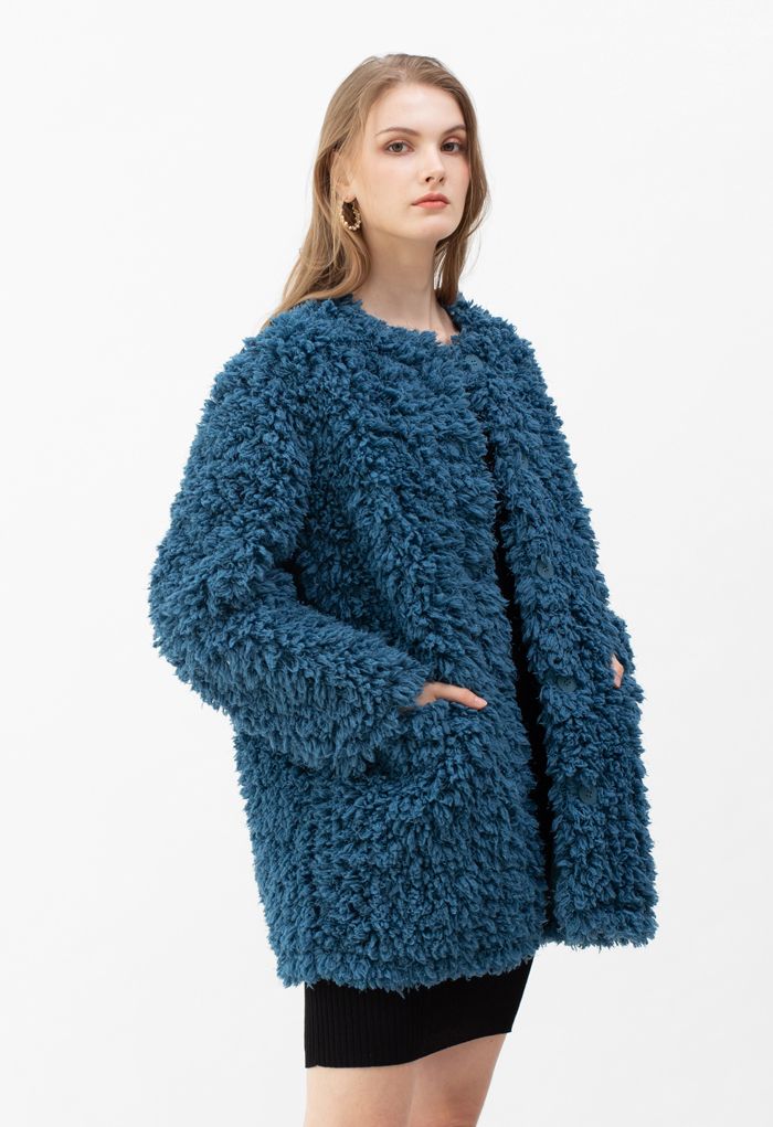 Collarless Shaggy Faux Fur Suede Coat in Peacock - Retro, Indie and ...