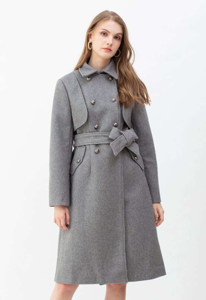 Grey Double-Breasted Wool-Blend Longline Coat