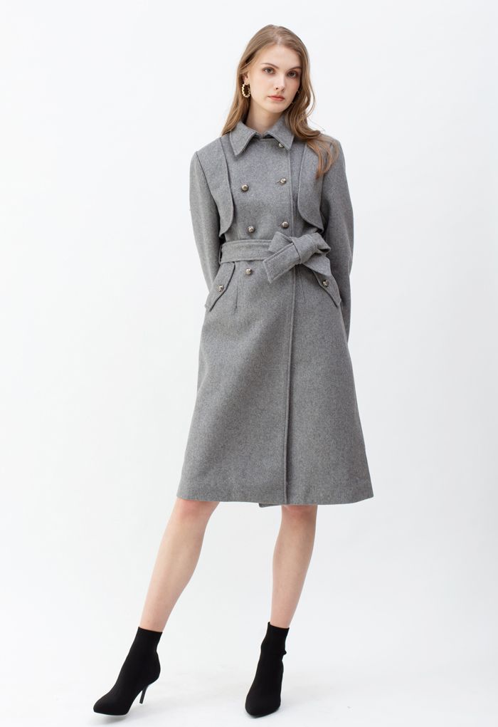 Grey Double-Breasted Wool-Blend Longline Coat