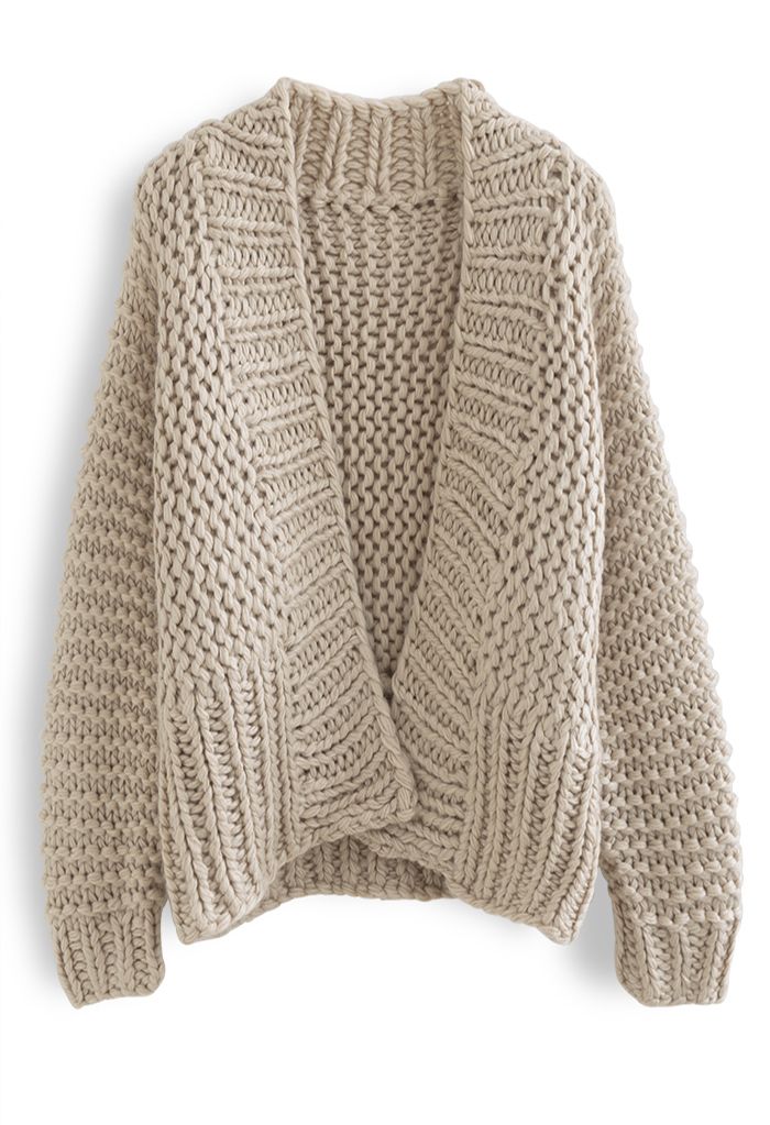Solid Color Hand-Knit Chunky Cardigan in Camel