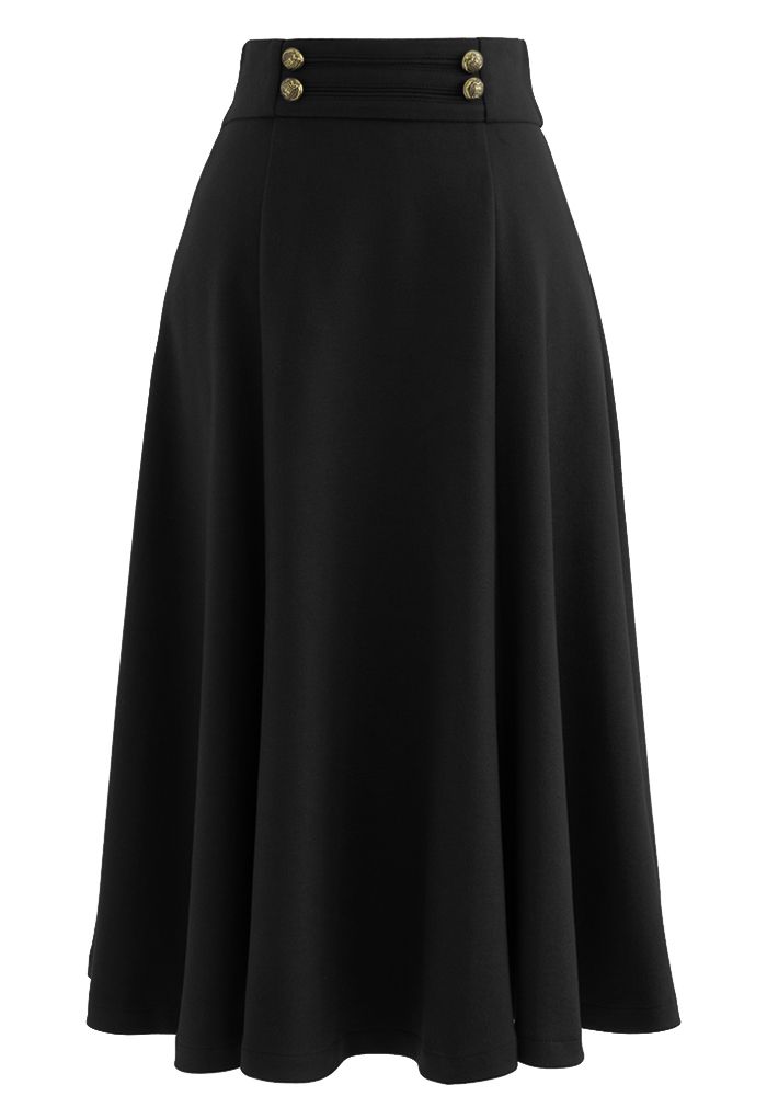 Buttoned Waist Wool-Blend Flare Skirt in Black - Retro, Indie and ...