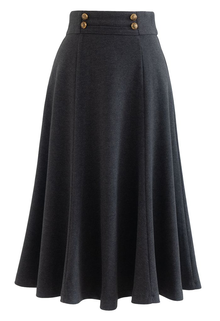 Buttoned Waist Wool-Blend Flare Skirt in Smoke - Retro, Indie and ...