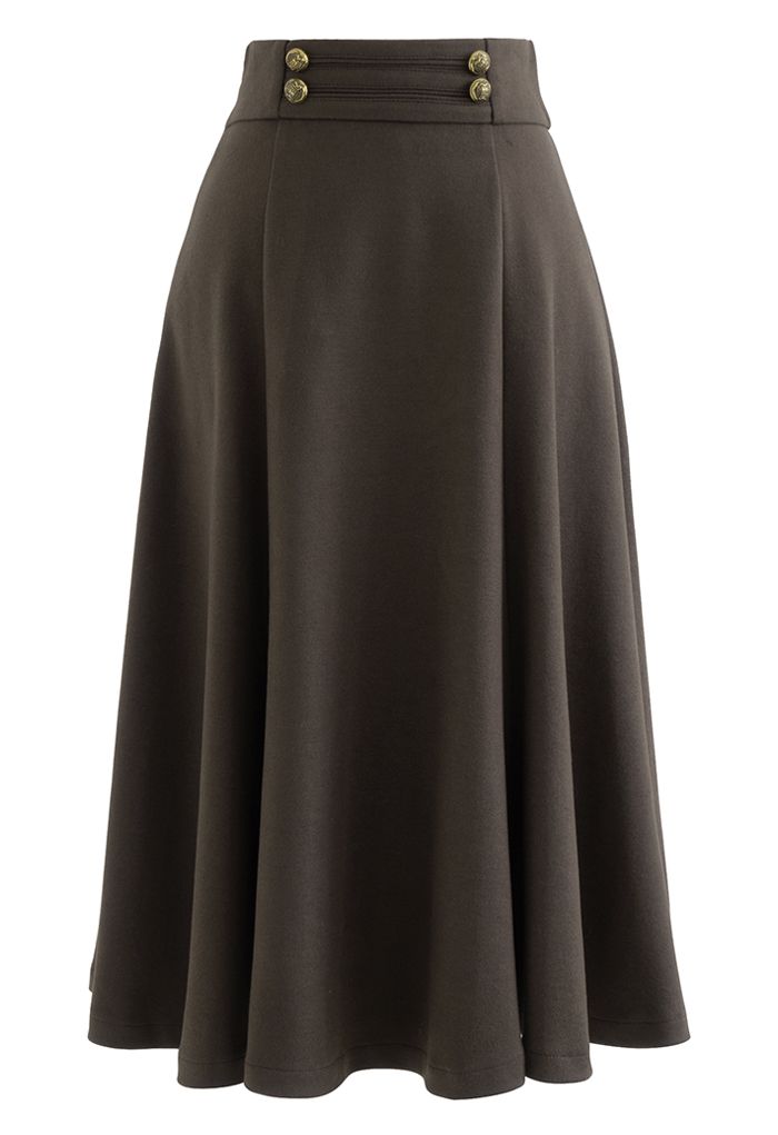 Buttoned Waist Wool-Blend Flare Skirt in Brown - Retro, Indie and ...