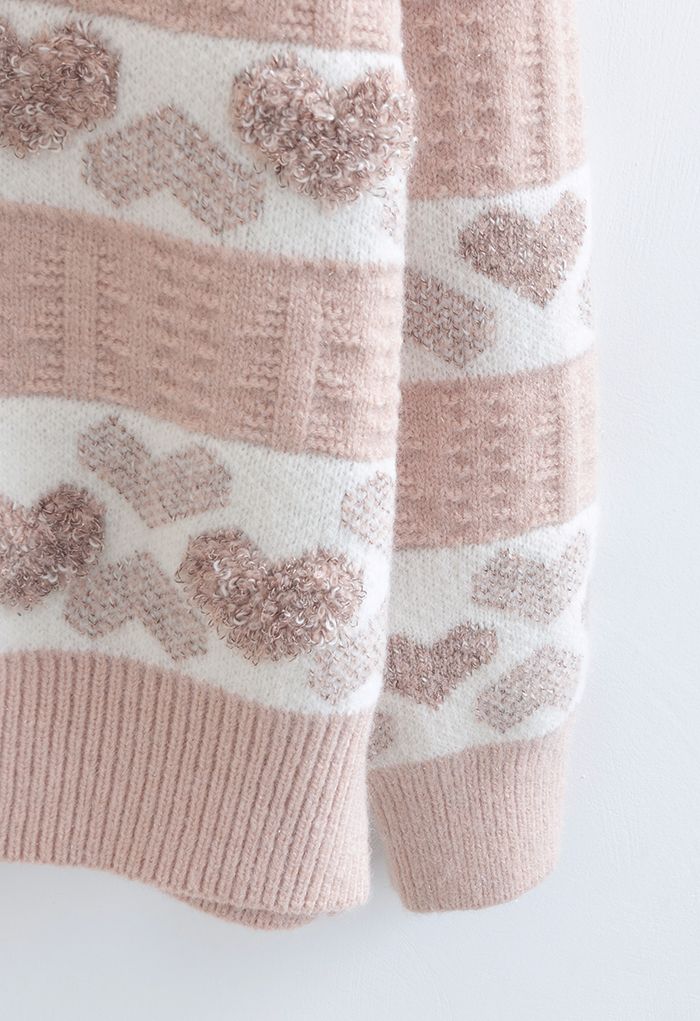 Fuzzy Heart Jacquard Knit Sweater in Pink