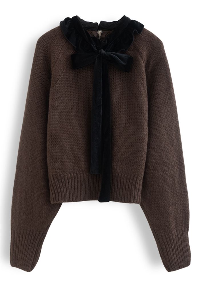 Velvet Bowknot Cropped Knit Sweater in Brown