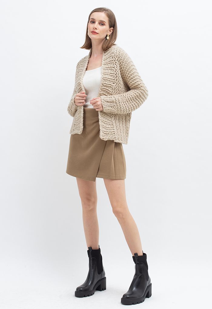 Solid Color Hand-Knit Chunky Cardigan in Camel