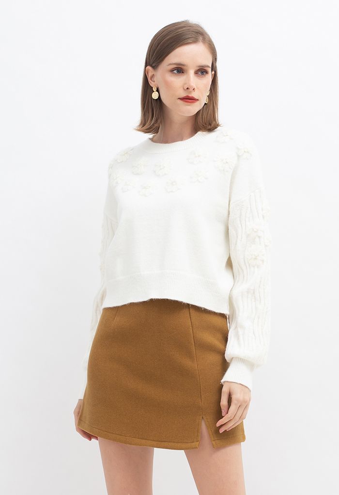 Wavy Sleeves Stitched Flower Knit Sweater in White