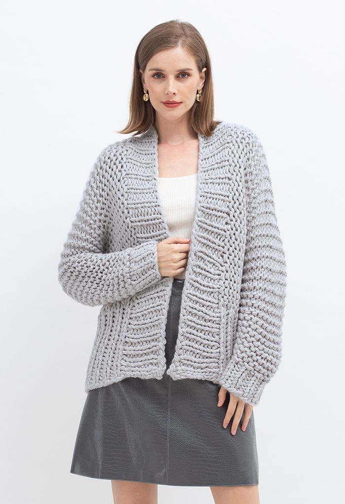 Solid Color Hand-Knit Chunky Cardigan in Grey - Retro, Indie and Unique ...