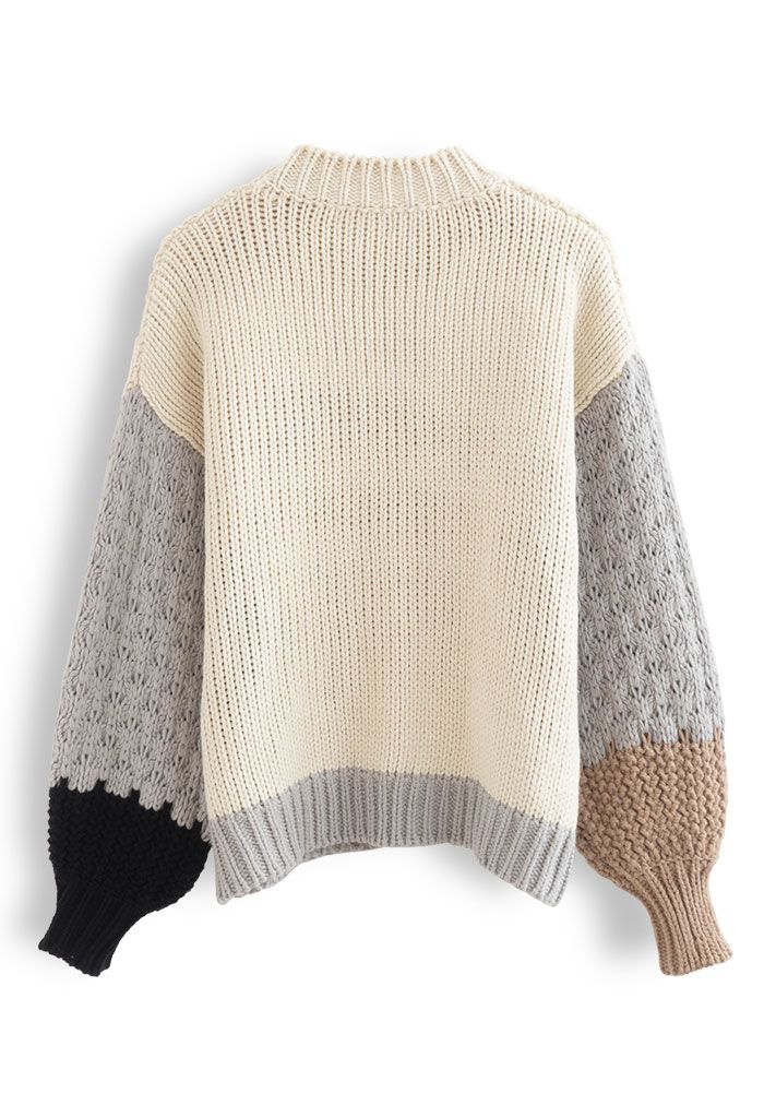Color Block Hand-Knit Chunky Sweater in Light Tan