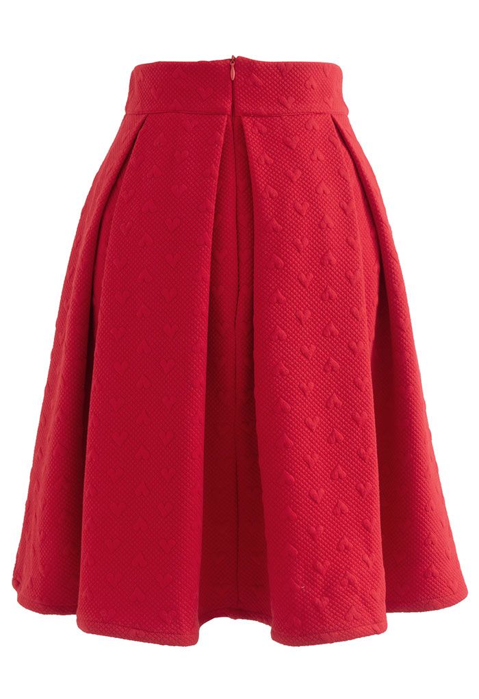 Red Airy Heart Embossed Pleated Skirt