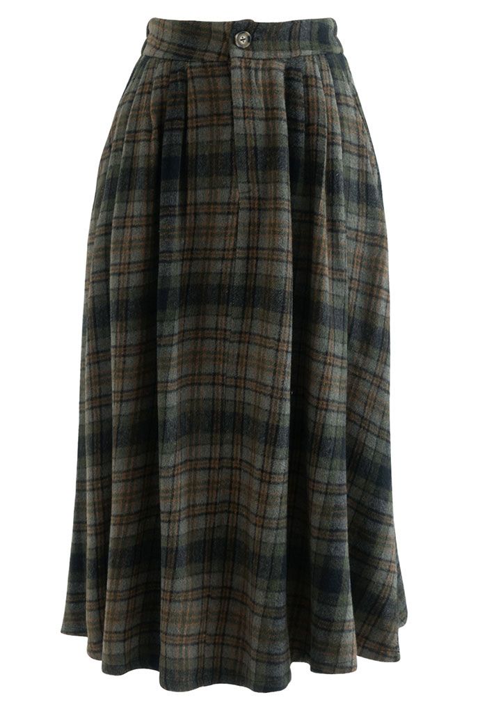 Soft Check Side Pocket Midi Skirt in Moss Green - Retro, Indie and ...