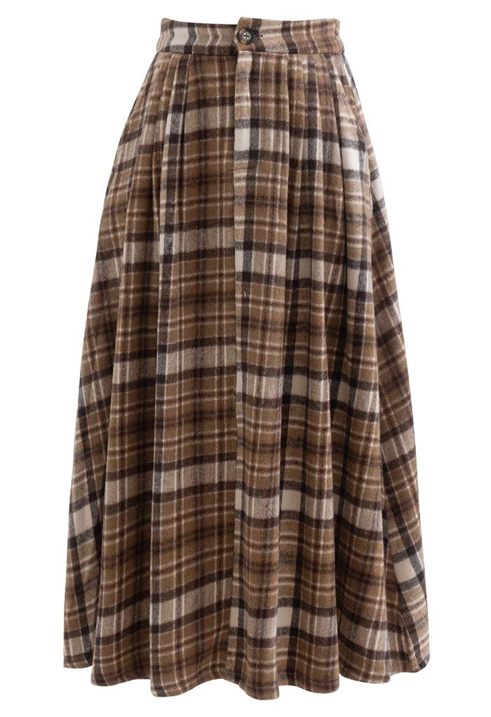Soft Check Side Pocket Midi Skirt in Caramel - Retro, Indie and Unique ...