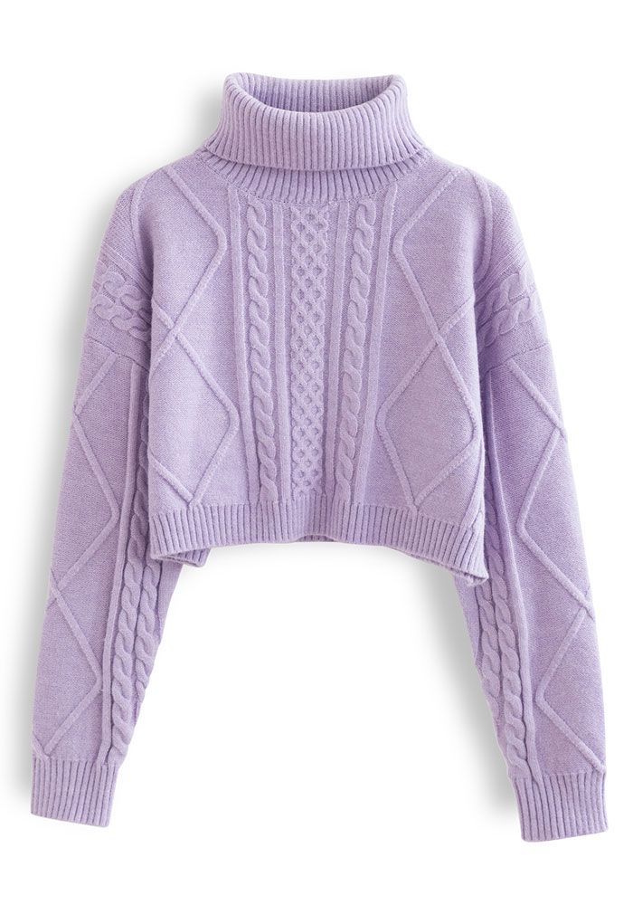 Cropped Turtleneck Cable Knit Sweater in Lilac