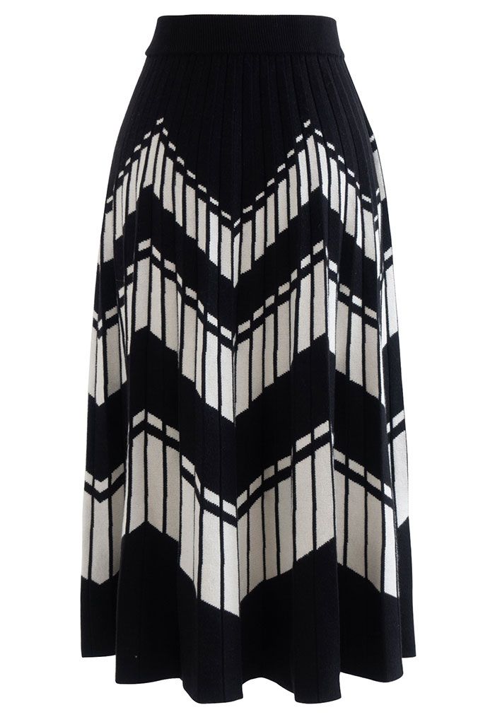 Contrast Zigzag Pleated Knit Skirt in Black