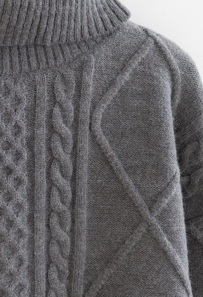 Cropped Turtleneck Cable Knit Sweater in Grey