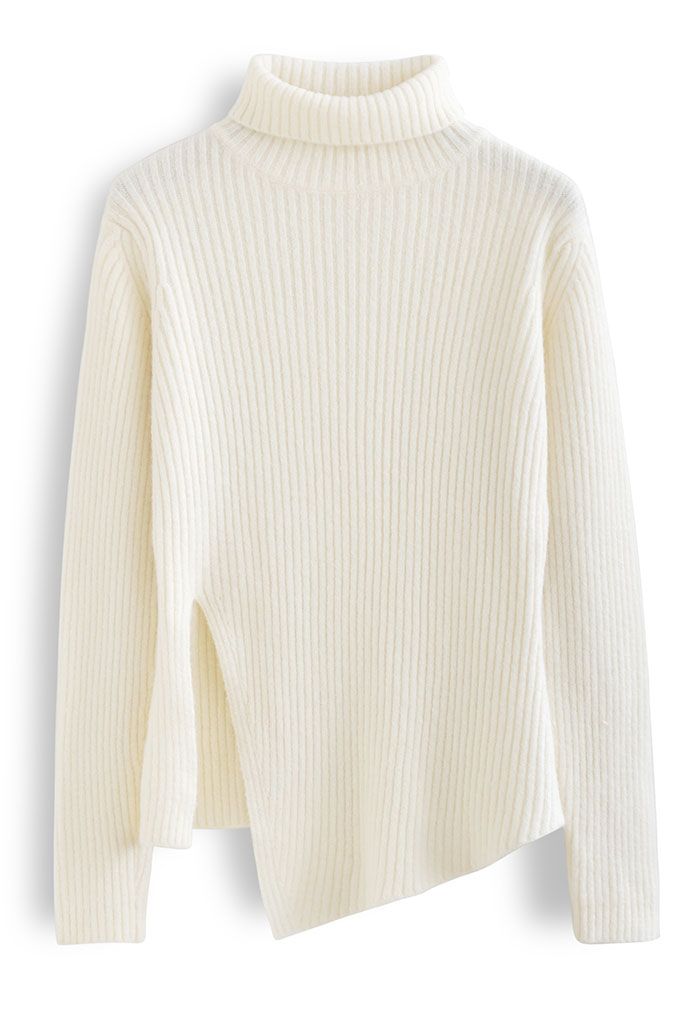 Turtleneck Asymmetric Split Hem Knit Sweater in Ivory