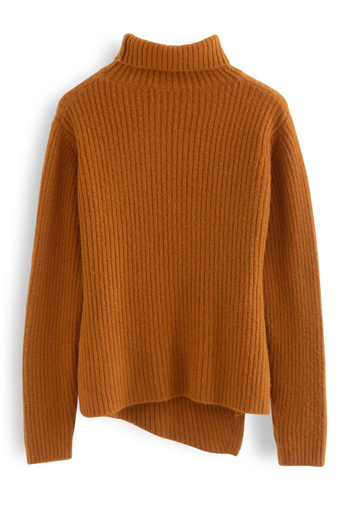 Turtleneck Asymmetric Split Hem Knit Sweater in Pumpkin