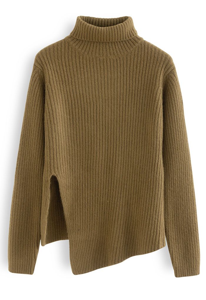 Turtleneck Asymmetric Split Hem Knit Sweater in Moss Green