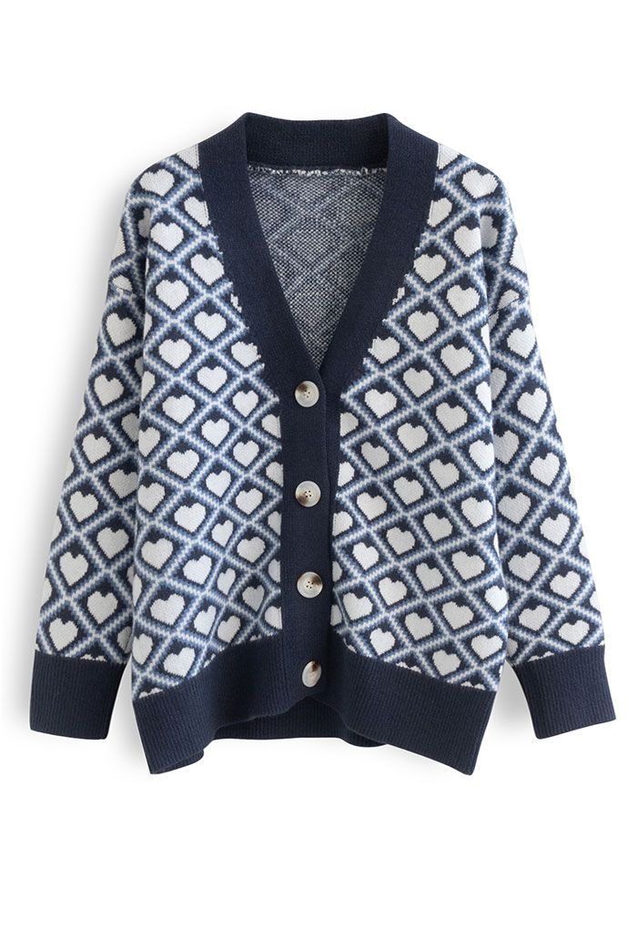 Heart-Shape and Diamond Pattern Buttoned Cardigan in Navy
