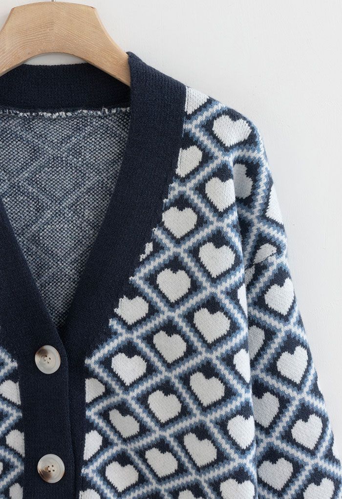 Heart-Shape and Diamond Pattern Buttoned Cardigan in Navy