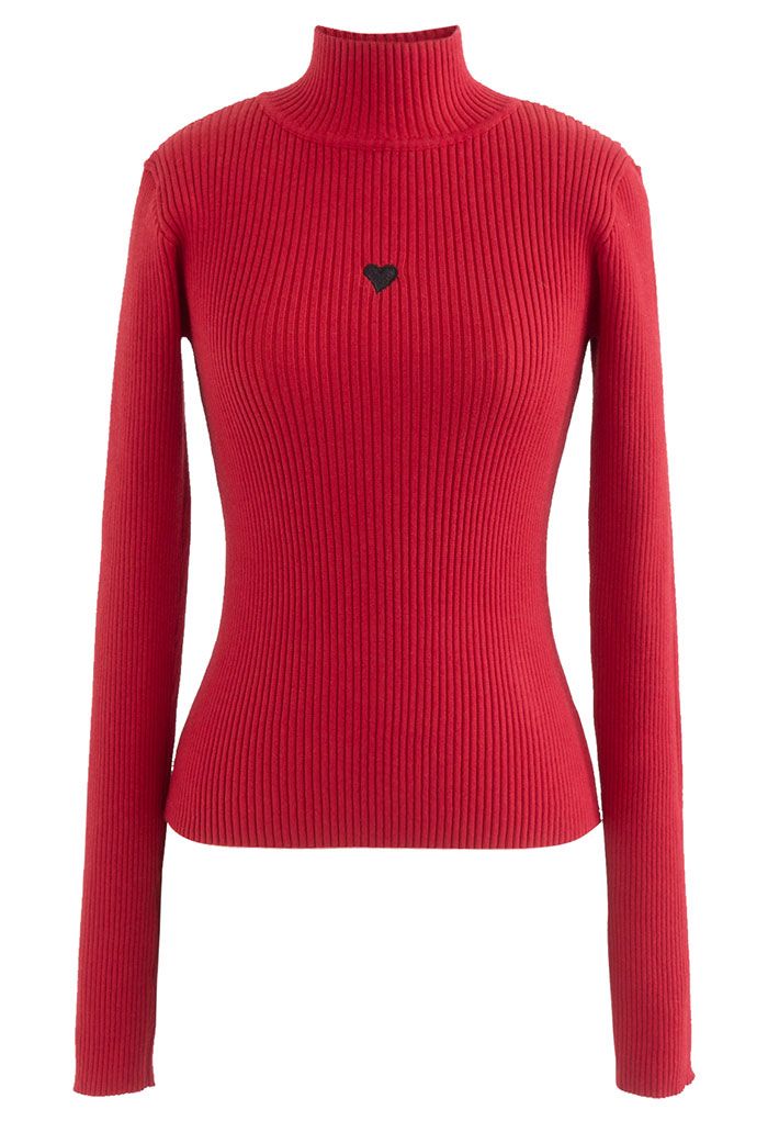 Little Heart High Neck Fitted Knit Top in Red