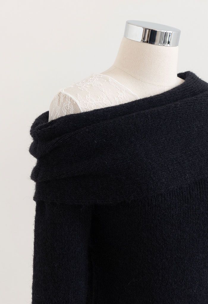 Lacy One-Shoulder Knit Sweater in Black