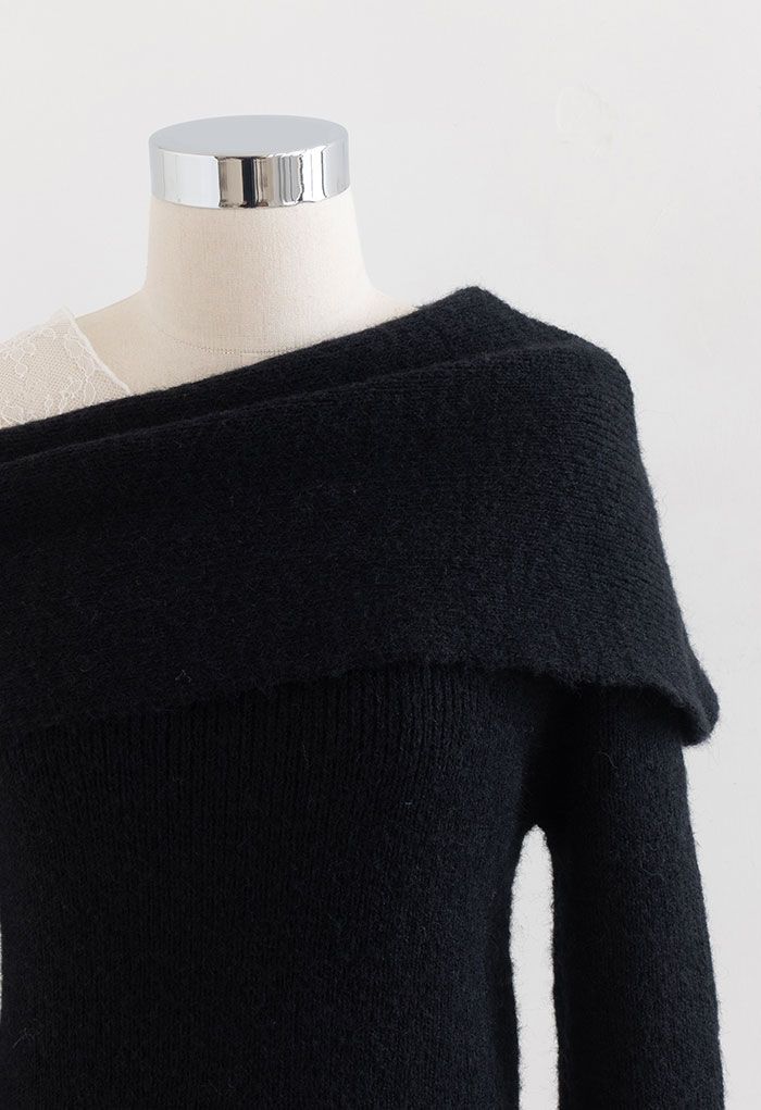 Lacy One-Shoulder Knit Sweater in Black