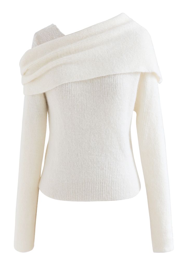 Lacy One-Shoulder Knit Sweater in Ivory