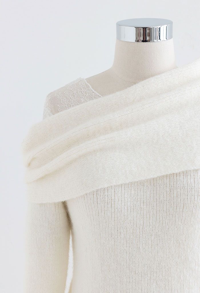 Lacy One-Shoulder Knit Sweater in Ivory