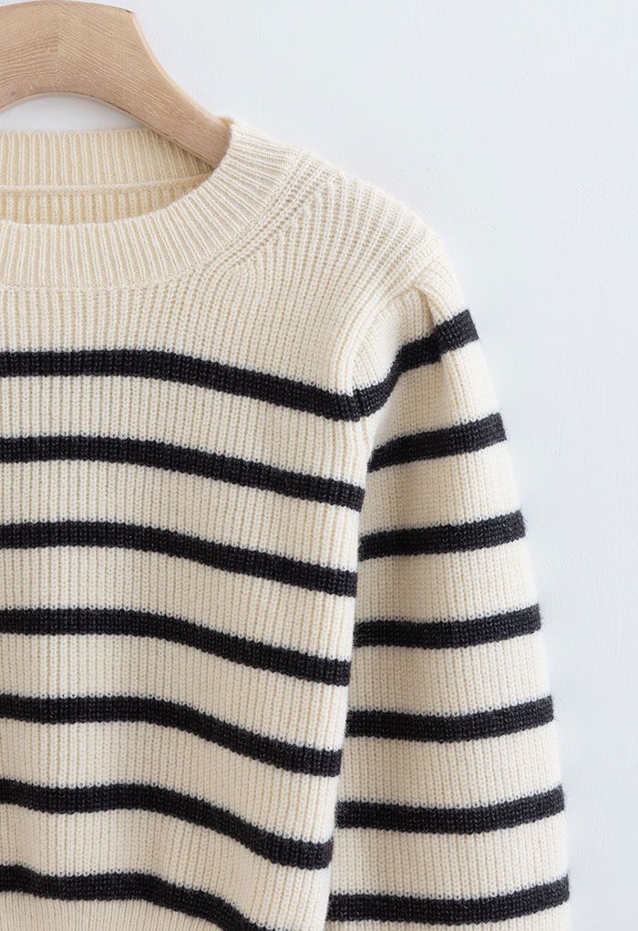 Stripe Print Ribbed Knit Crop Sweater in Cream - Retro, Indie and ...